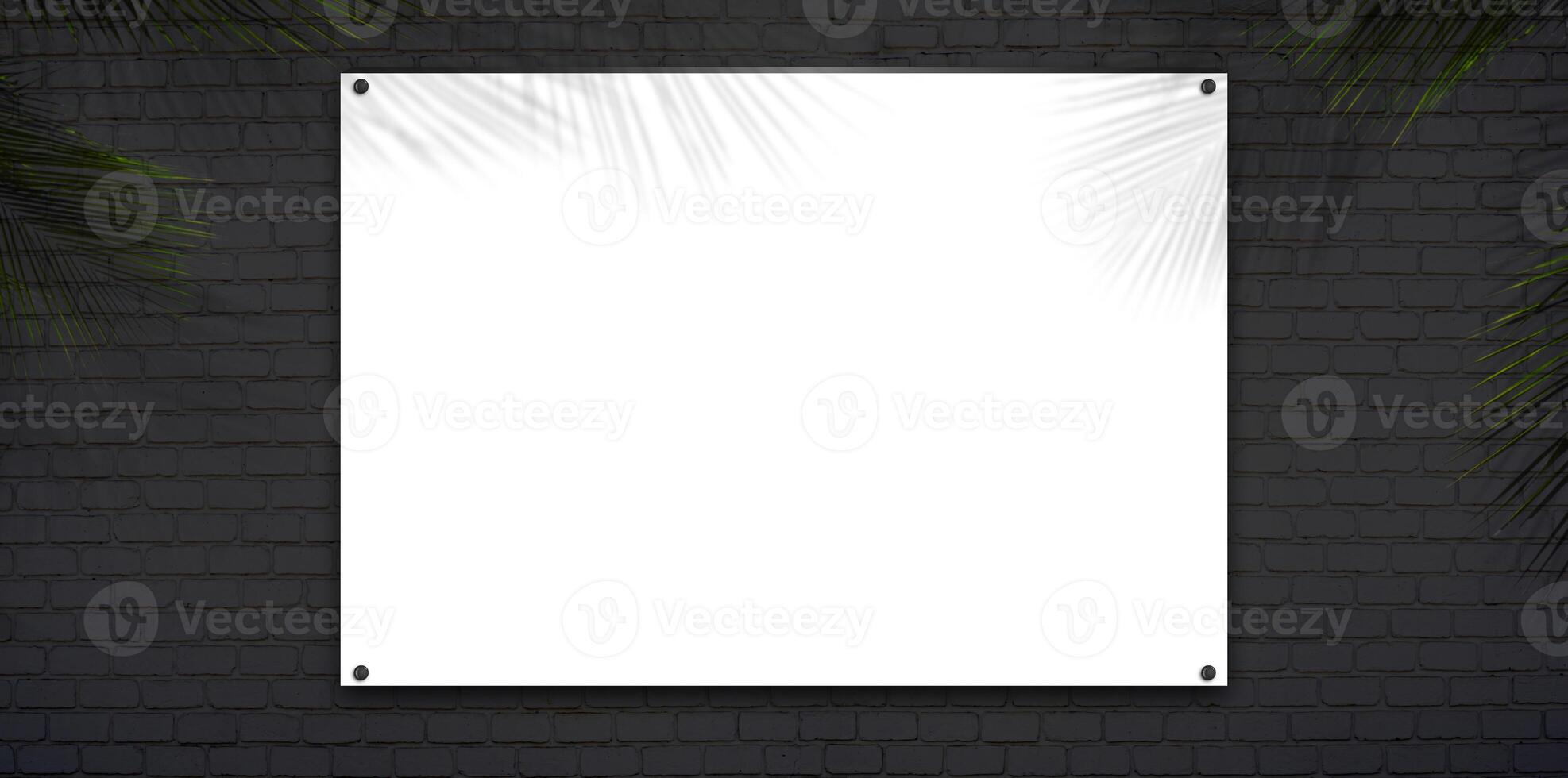 Mockup empty white posters on black brick wall background. Trendy portfolio white frame background. photo