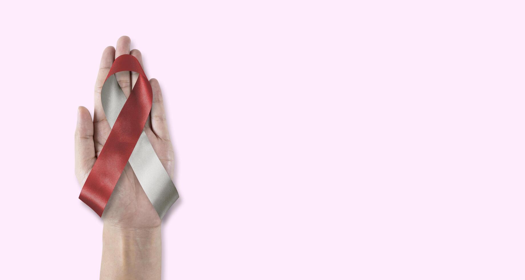 Head and neck cancer awareness with burgundy ivory white color ribbon on hand support background, bow color for Oral Squamous Cell Carcinoma photo