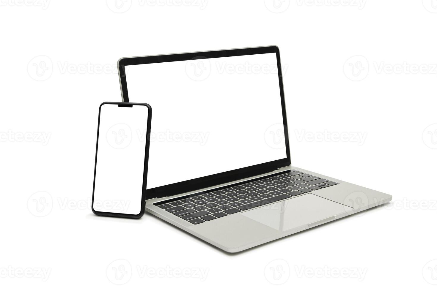 Laptop and smartphone, display. on white background workspace mock up design. photo