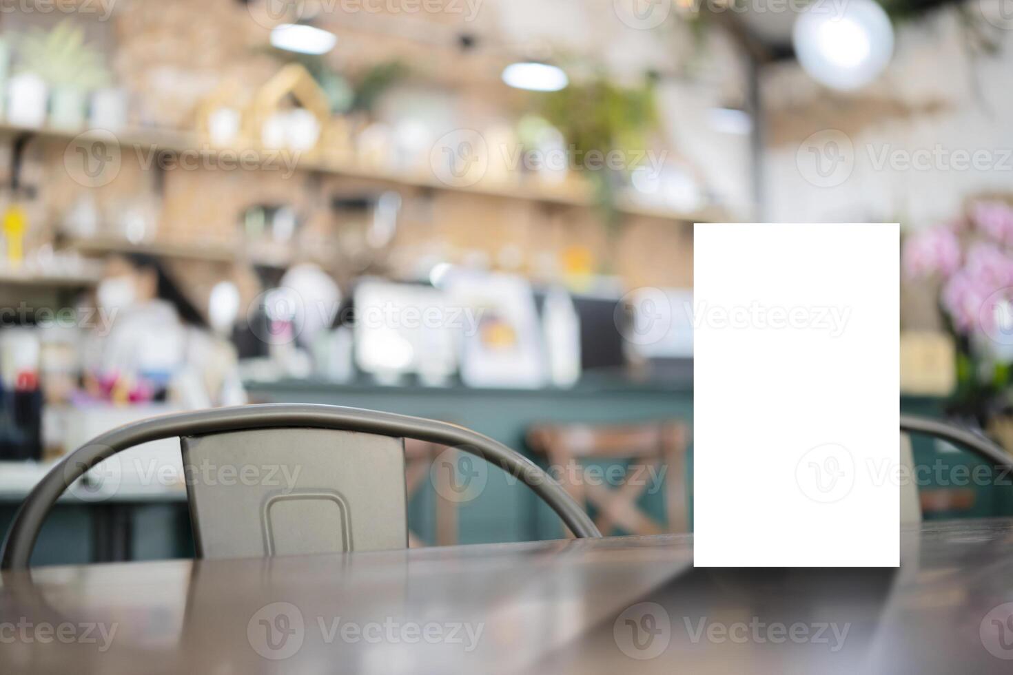 Stand Mock up Menu frame tent card blurred background design key visual layout. blurred background of bar photo