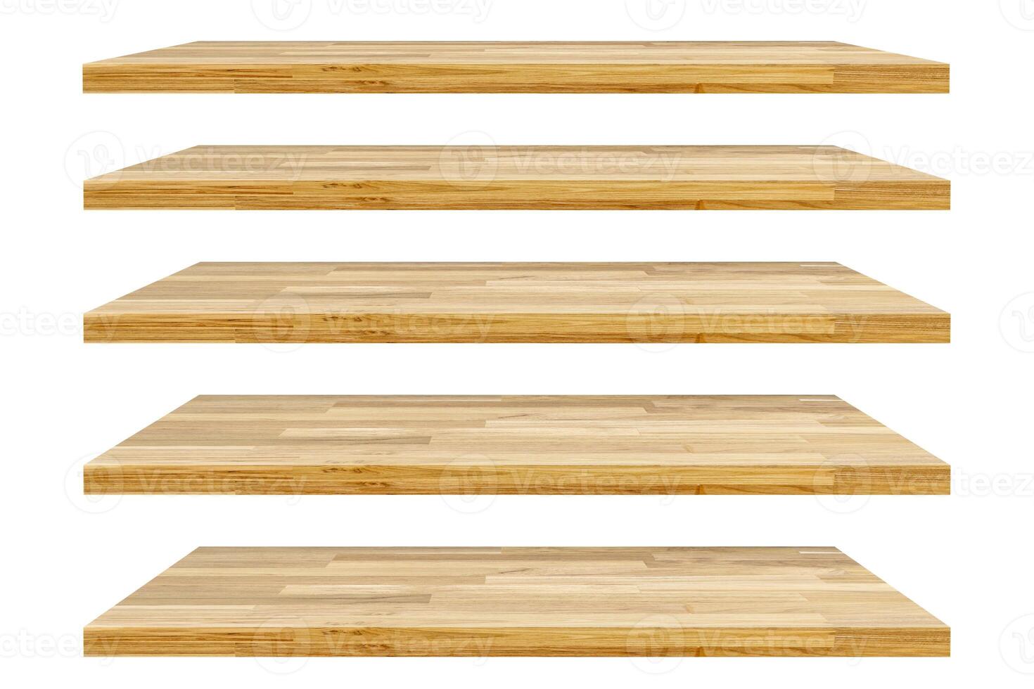 Realistic empty wooden store shelves set. Product shelf with wood texture. Grocery wall rack. photo