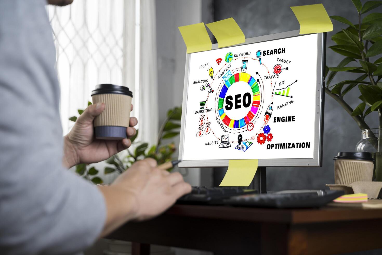 Search Engine Optimization for Online Marketing Concept. Modern graphic interface showing symbol. photo