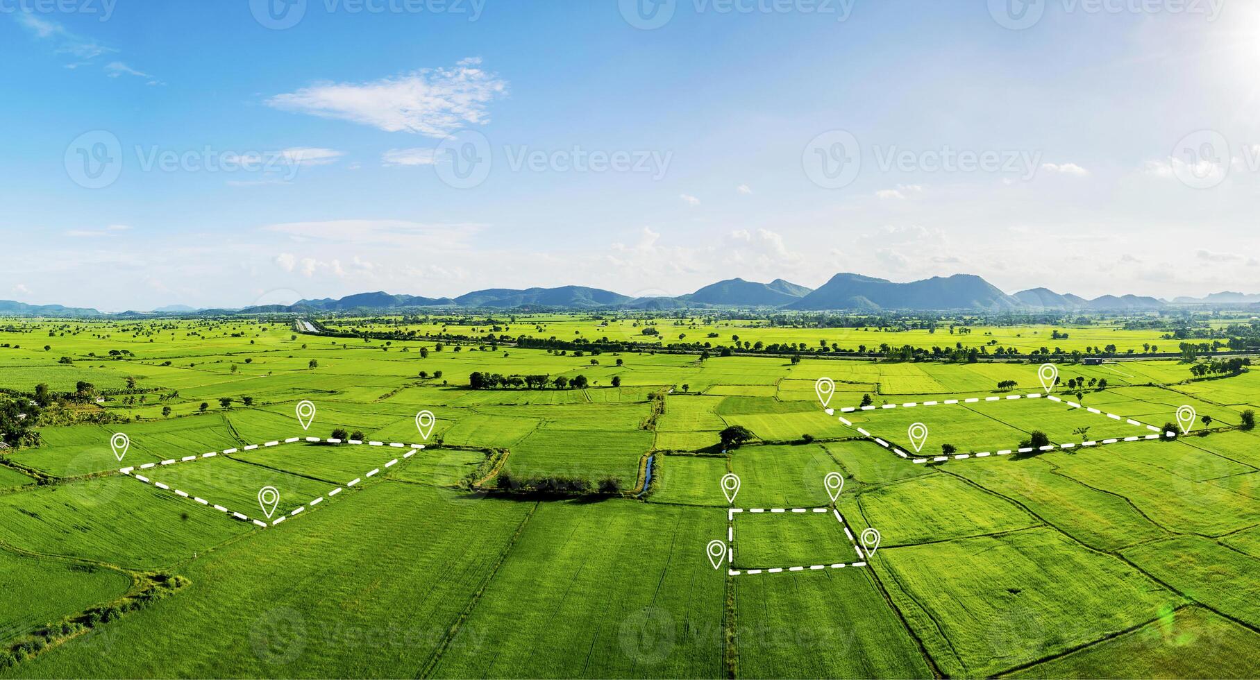 Land plot in aerial view. Identify registration symbol of vacant area for map. That property, real estate for business of home photo