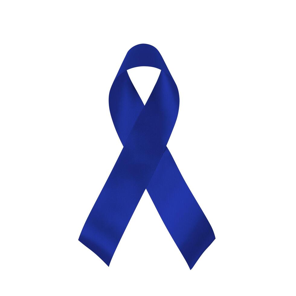 Colorectal cancer awareness month, dark blue ribbon with text on disease solidarity card banner with light background. colon cancer charity campaign. photo