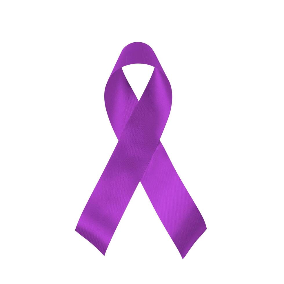 Purple awareness realistic ribbon isolated on white background, top view. photo
