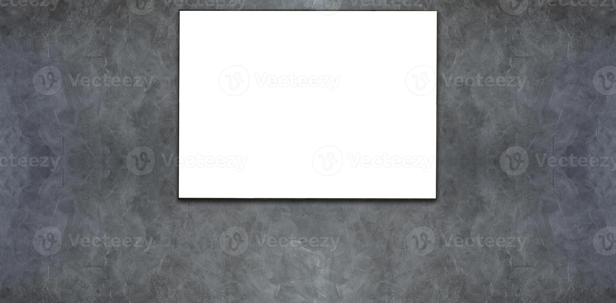 Blank white poster on dark stone wall in empty spacious hall for presentation. Industrial Loft style dark concrete cement square photo