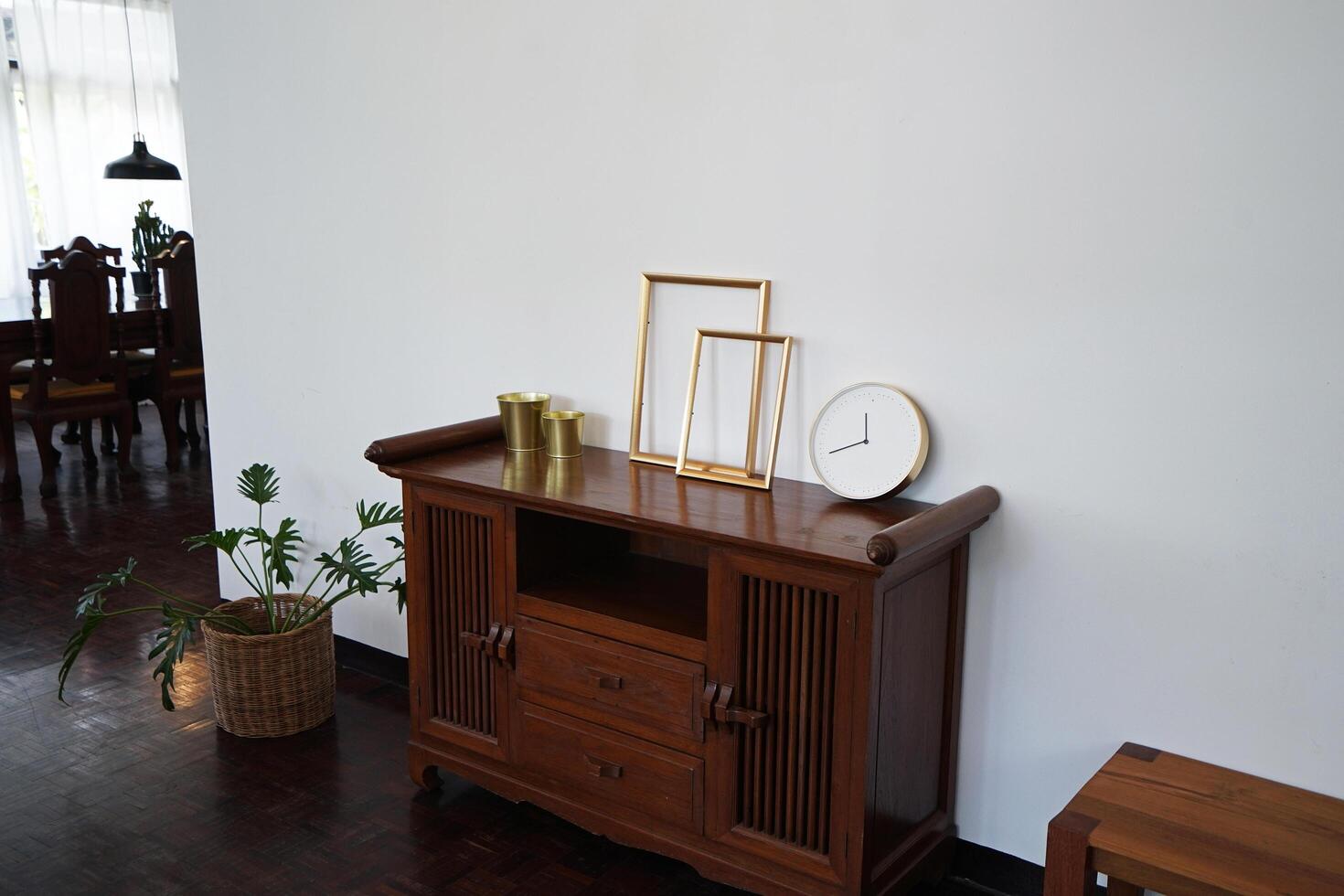 Interior design and decoration of local coffee store and bakery shop decorated with wooden antique Thai furniture photo
