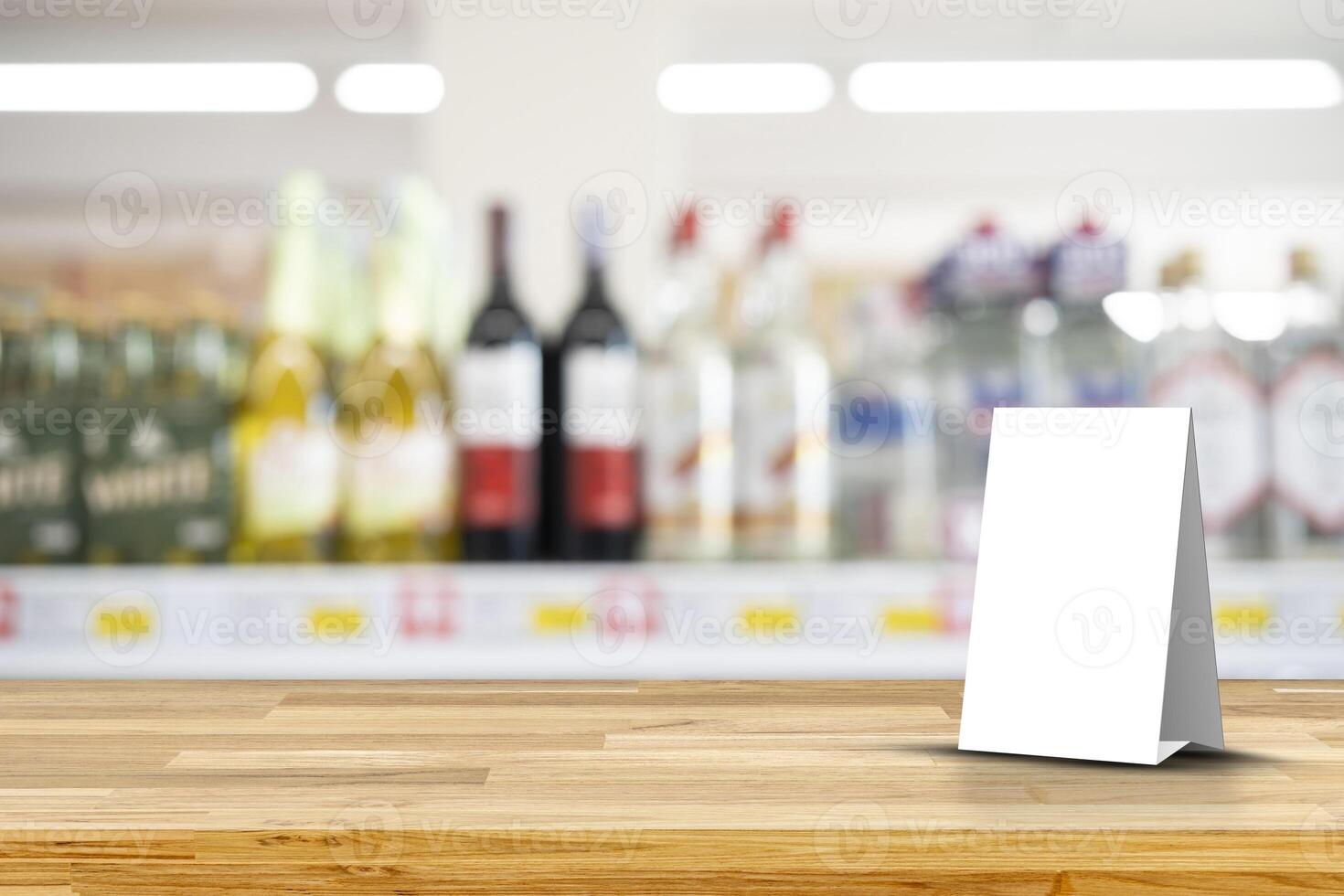 Mock up frame posters pattern template forms background, blank menu frame on table. Alcoholic drinks bottles in assortment shop. photo