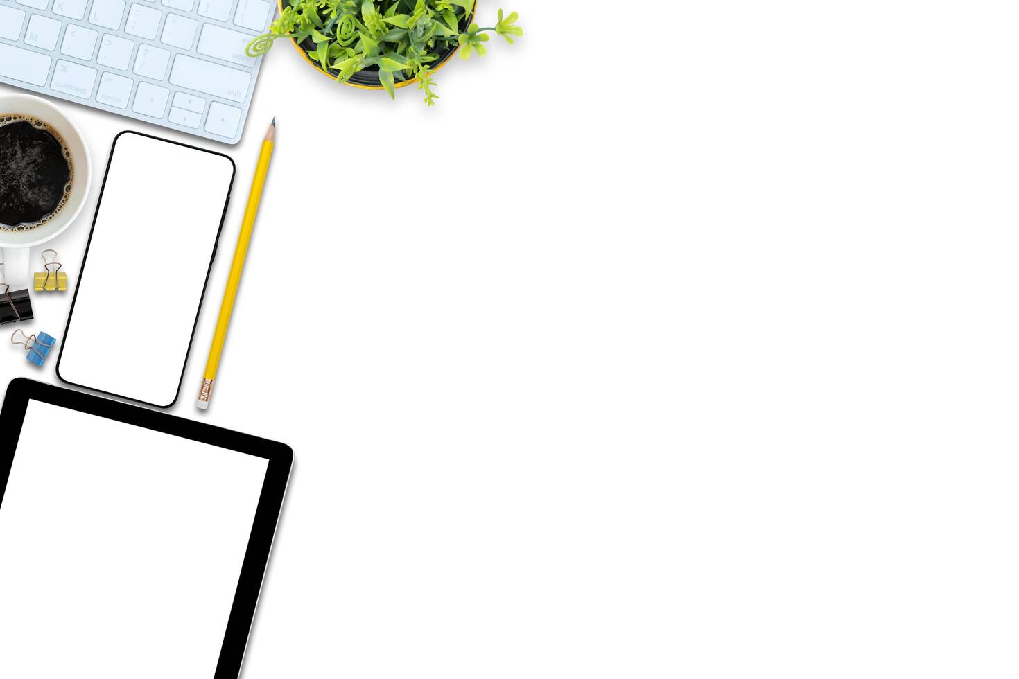 Top view with working desk with laptop,cellphone,notebook pencil coffee cup photo