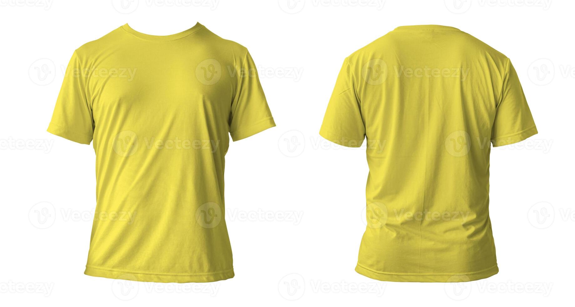 Blank yellow clean t-shirt mockup, isolated, front view. Empty tshirt model mock up. Clear fabric cloth for football or style outfit template. photo