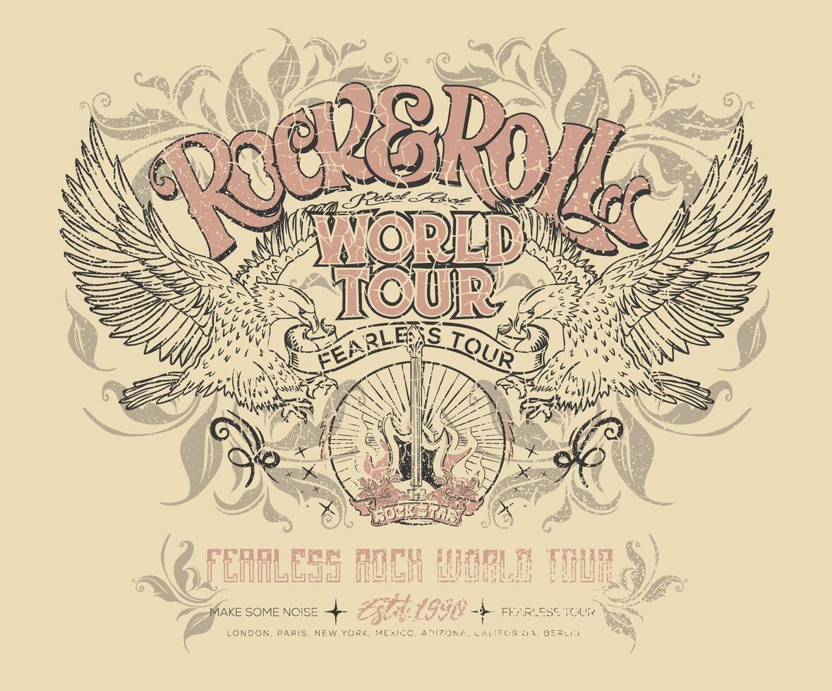 Make some noise. music world tour logo. Rock and roll graphic print design for apparel, stickers, posters and background. Eagle fly artwork design for t-shirt and others. vector