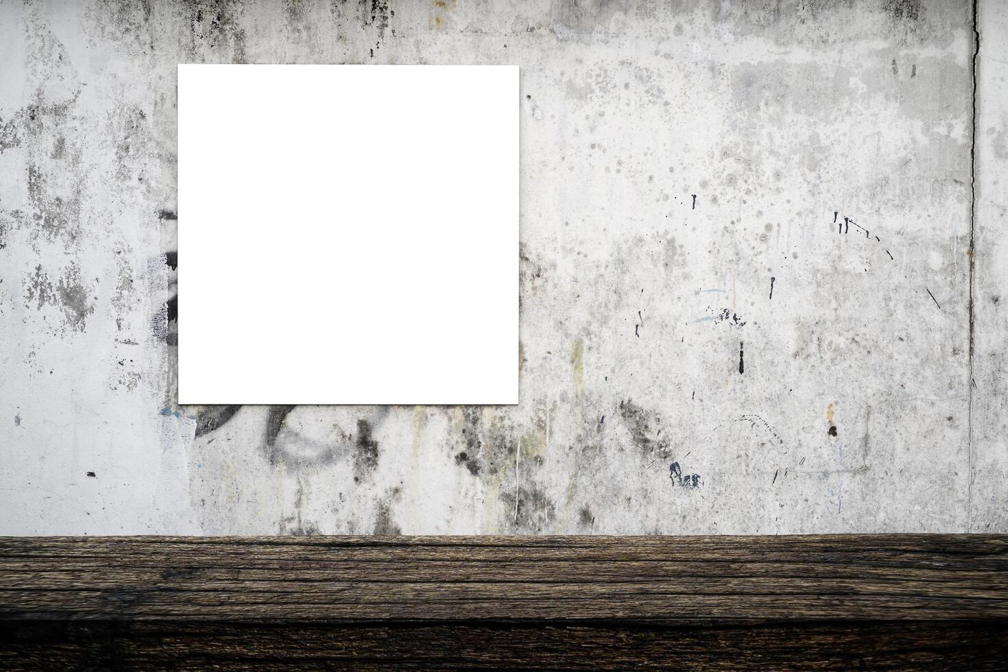 Empty brown wooden plank shelf at grunge concrete wall with menu item sign. A mockup for displaying photo