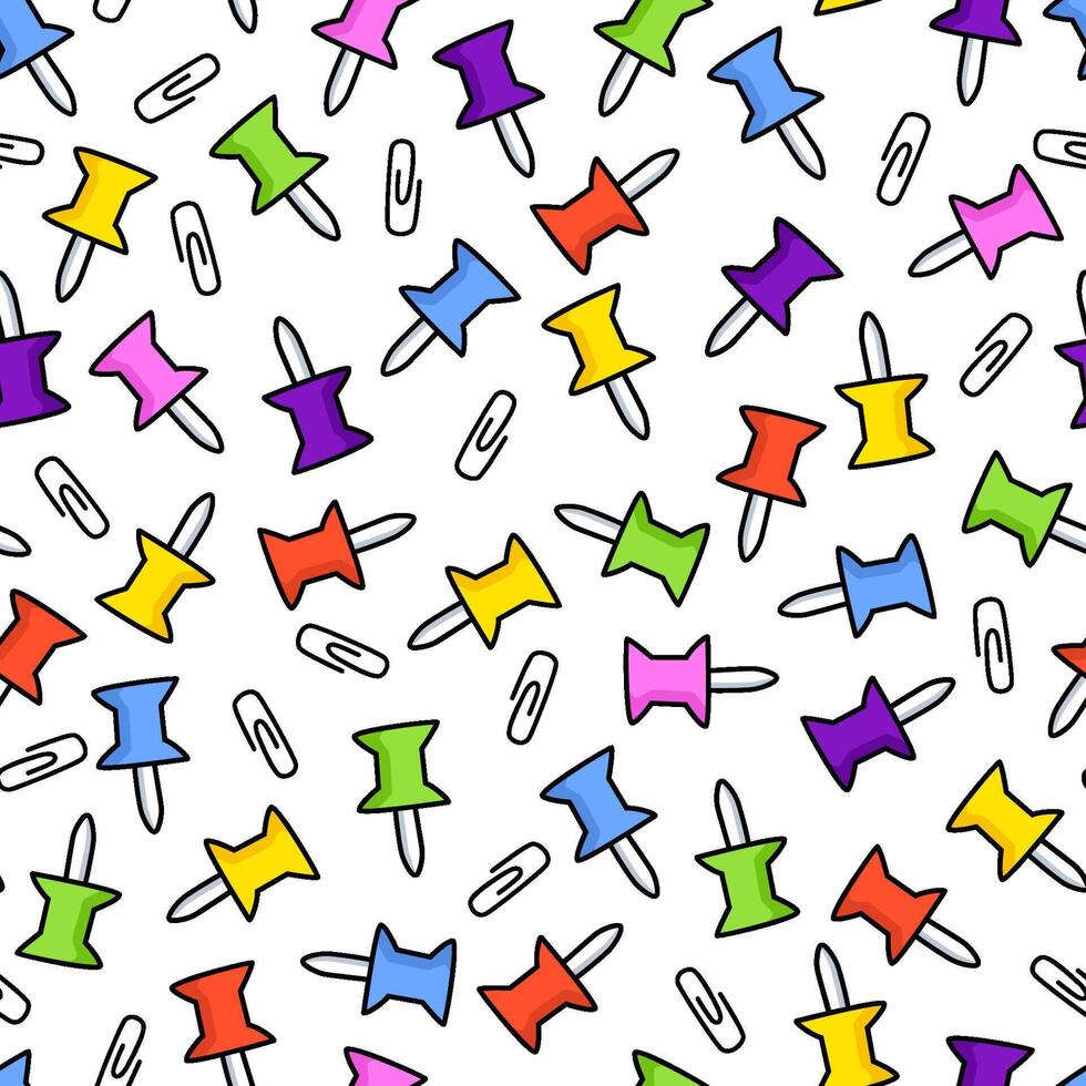 Office seamless pattern with colorful push pins and pins. vector