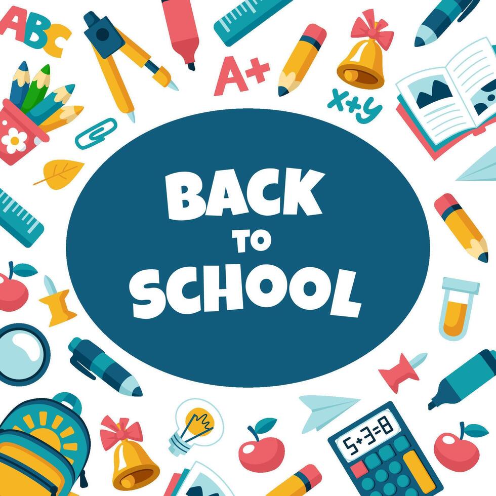 Back to school poster. Banner template for design on a school theme, the inscription back to school, surrounded by stationery items vector