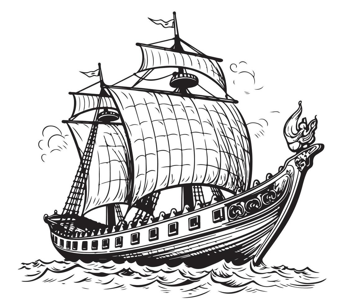 Drakkar Viking ship. Medieval military boat with sails Vintage vector