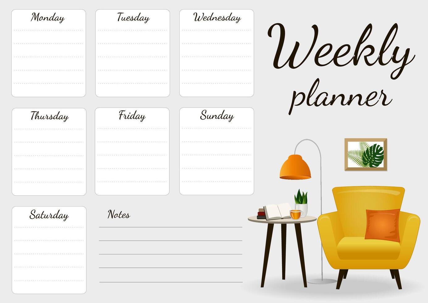 Weekly planner with an armchair, coffee table, floor lamp and books. vector