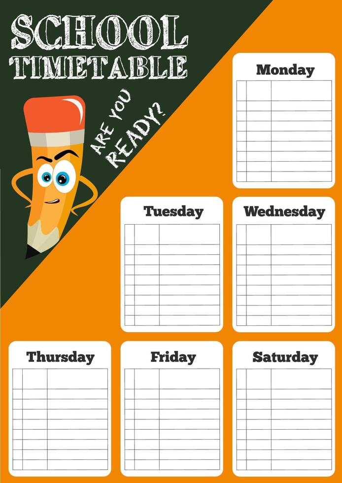 Bright school timetable with funny pencils and lettering. Orange and dark green colors. Portrait orientation. vector