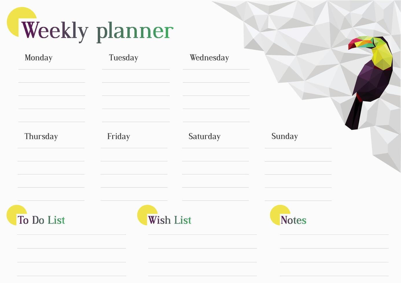 Weekly planner with white polygons and a toucan. vector