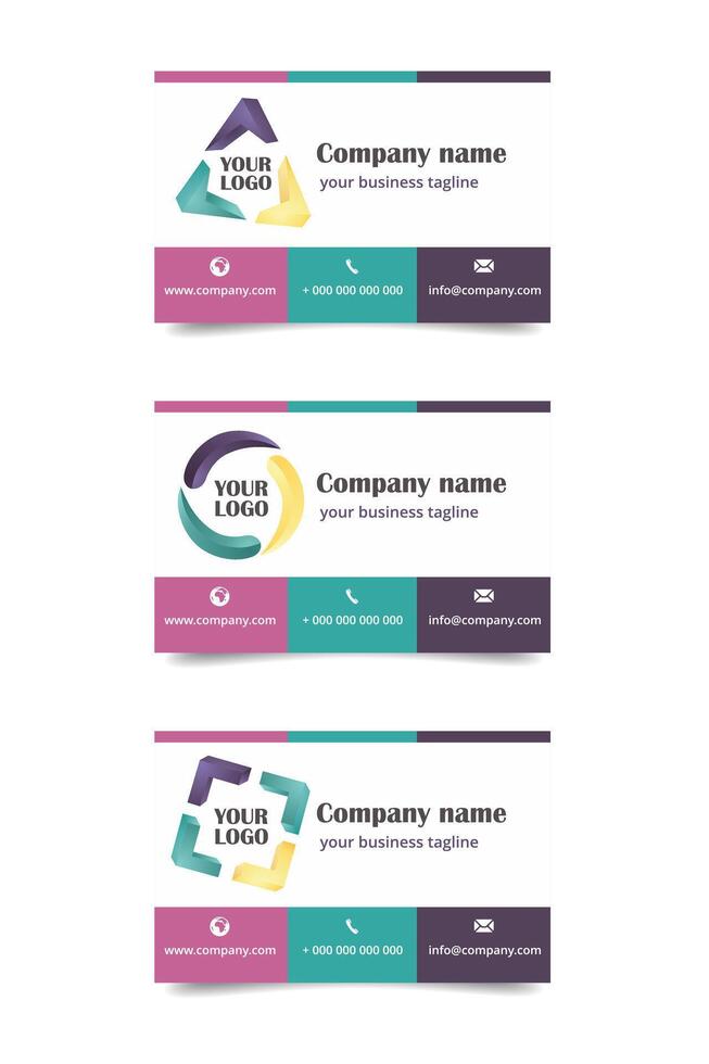 Colorful business card template with abstract 3D logos. Rose , turquoise and dark purple colors. vector