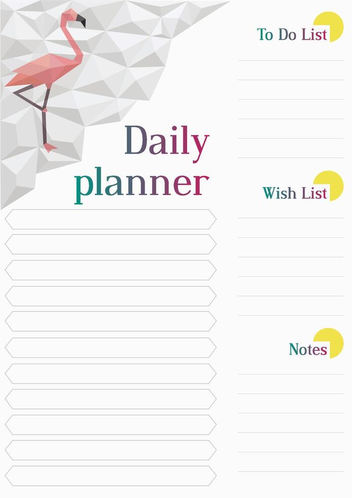 Daily planner with white polygons and pink flamingo. vector