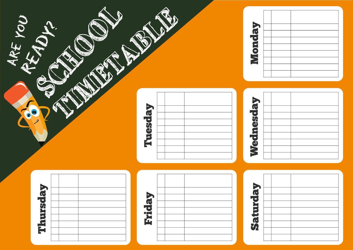Bright school timetable with funny pencils and lettering. Orange and dark green colors. Landscape orientation. vector