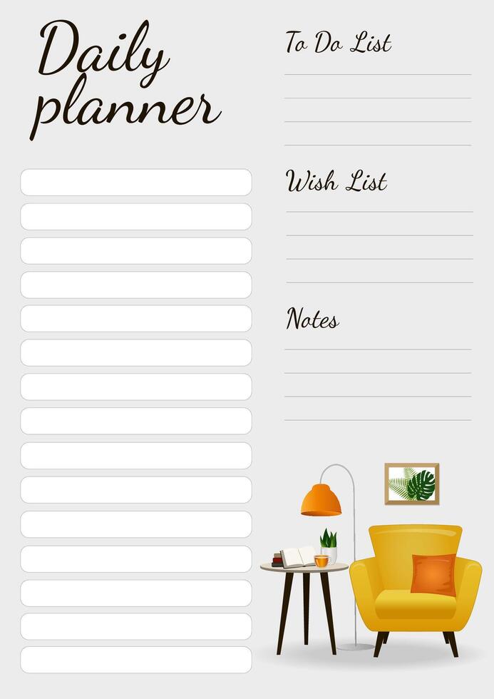 Daily planner with an armchair, coffee table, floor lamp and books. vector