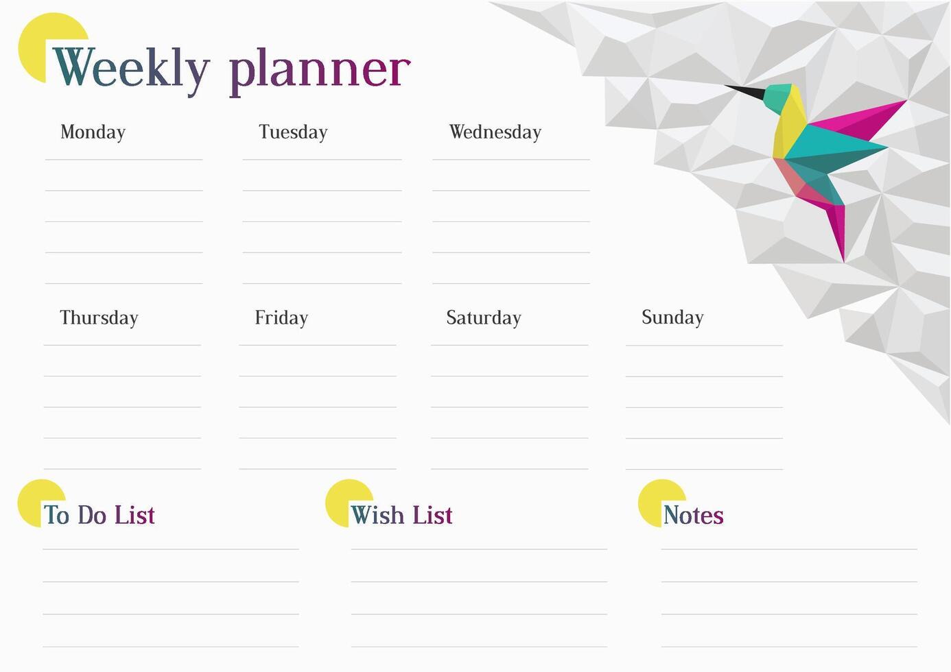Weekly planner with white polygons and colorful hummingbird. vector