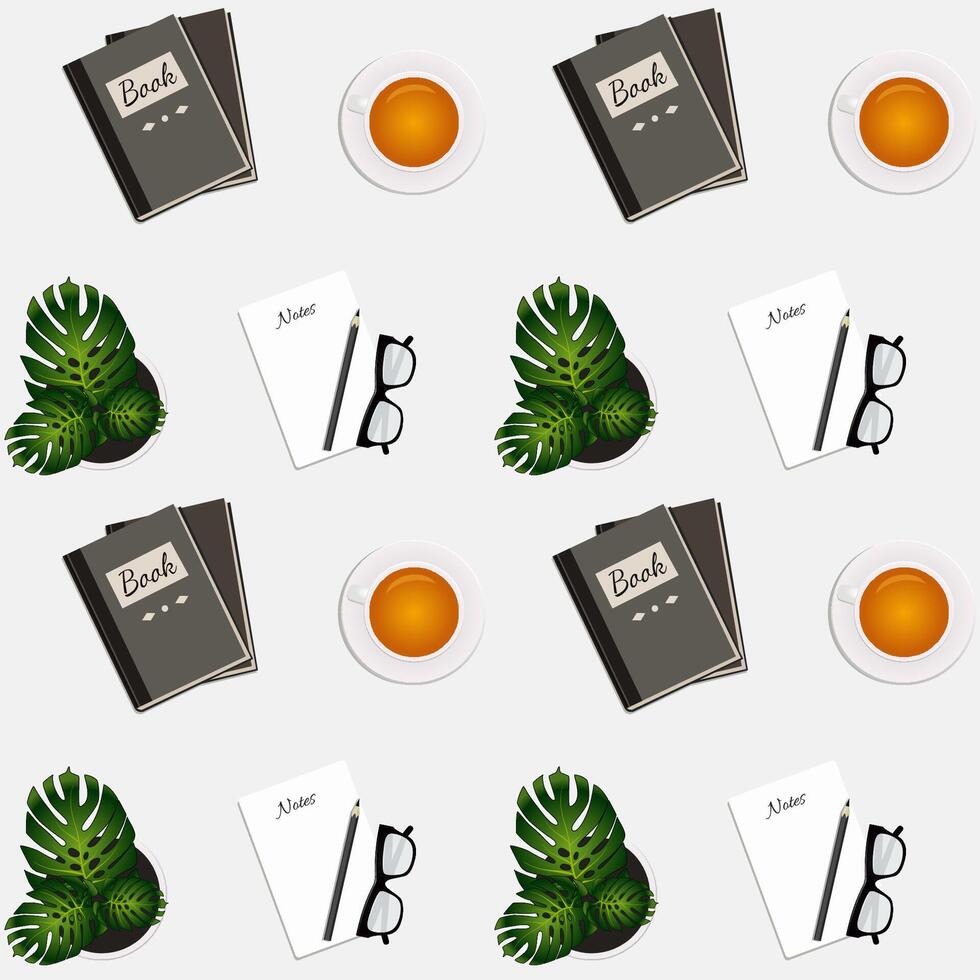 Seamless pattern with books, cups of tea, glasses and plants. vector