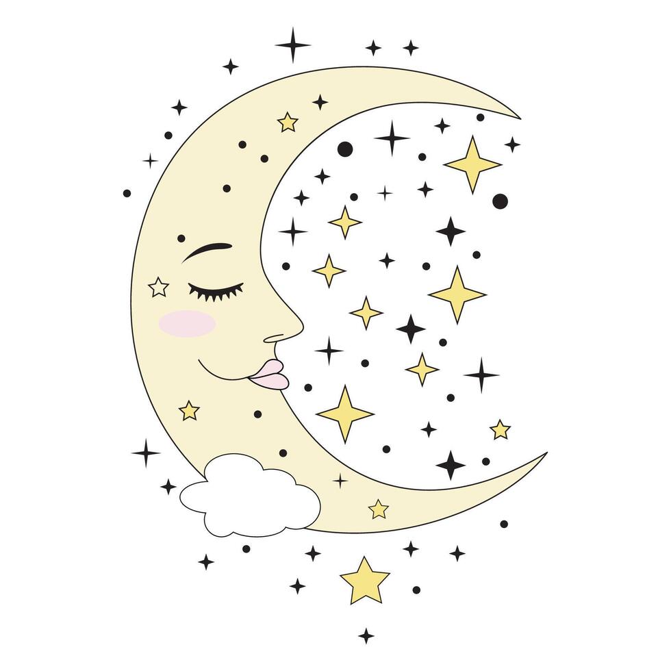 The moon with stars in the sky. A cartoon style of the moon with clouds. vector