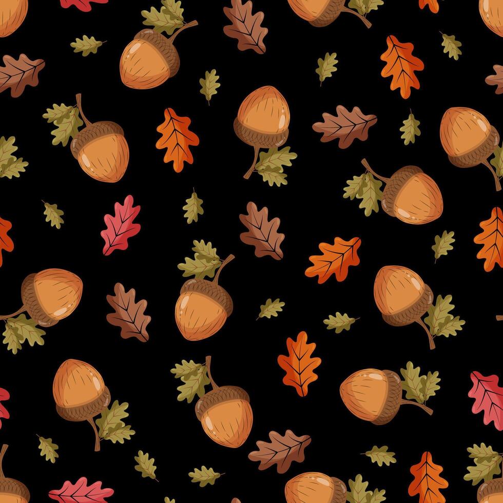 Seamless pattern with an acorn on a black background. Autumn pattern with leaves vector