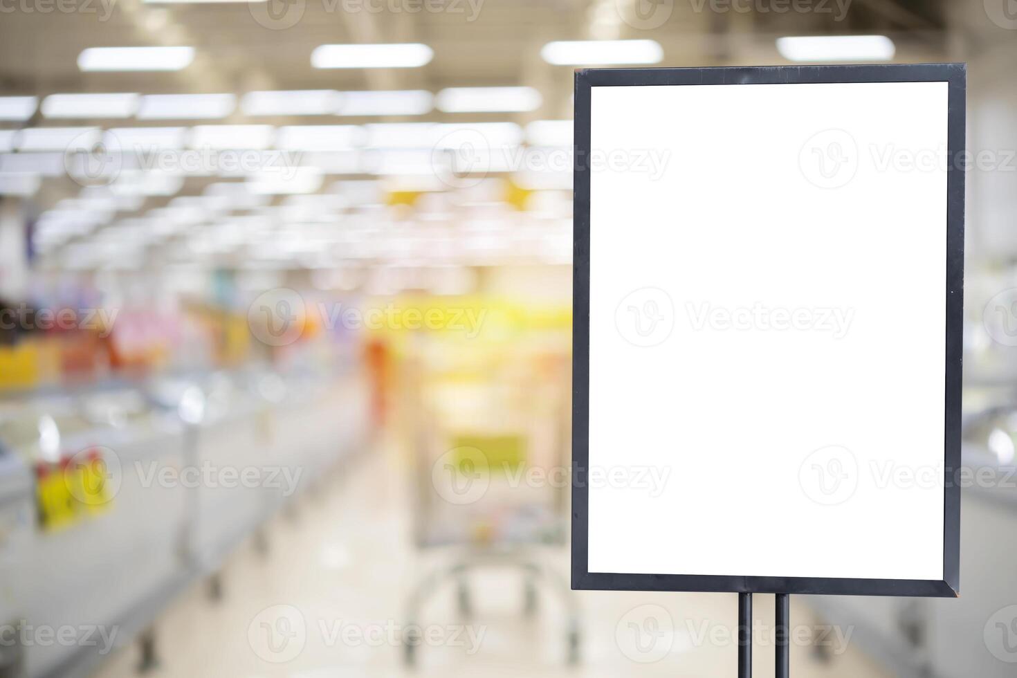 Mockup advertising board in front of supermarket Blank price list board Mock up billboard photo