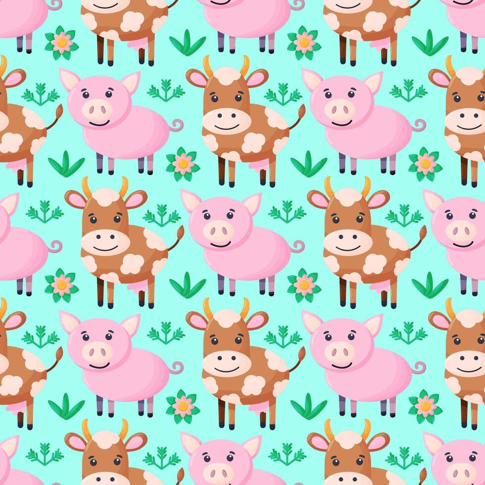 Seamless pattern of pig and cow. Repeatable textile print, wallpaper design. vector