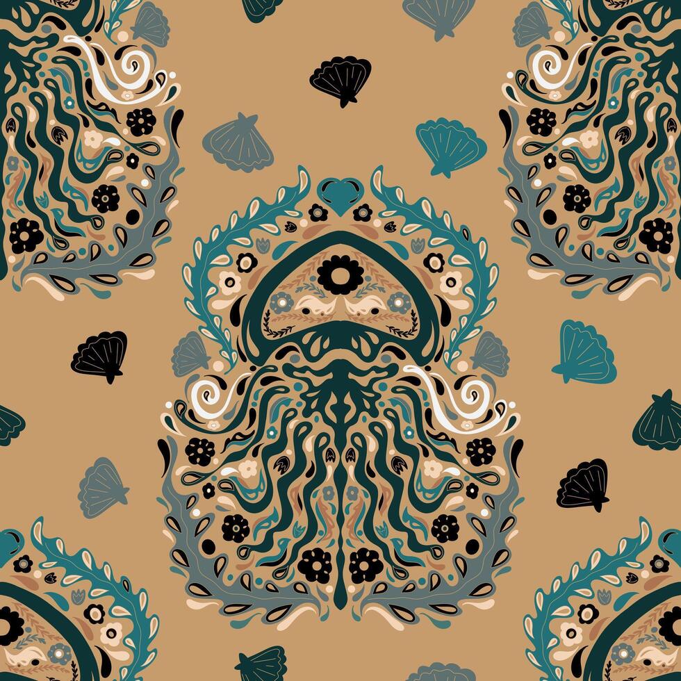 an octopus and shells pattern on a beige background vector