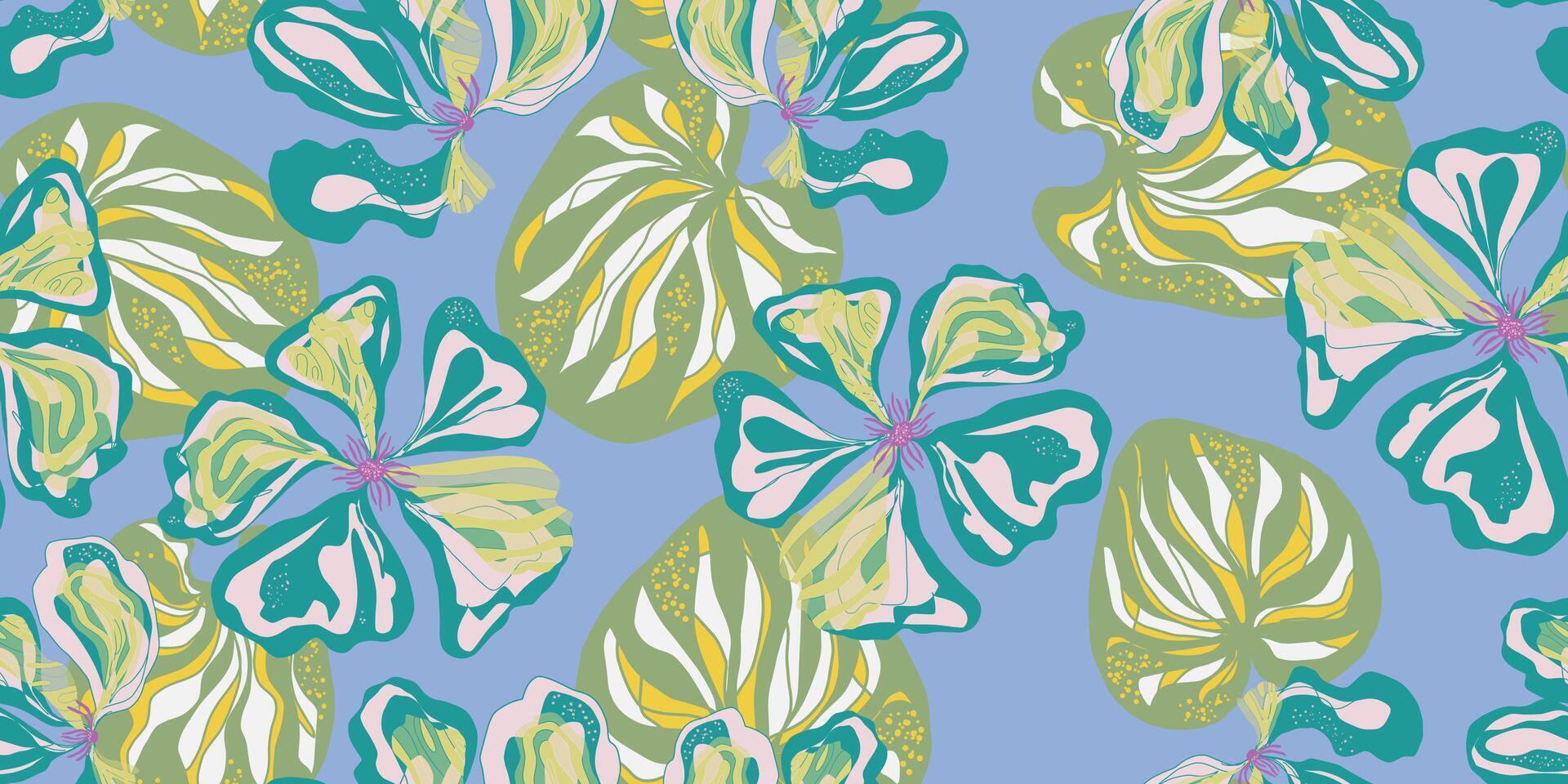 a blue and green floral pattern with leaves vector