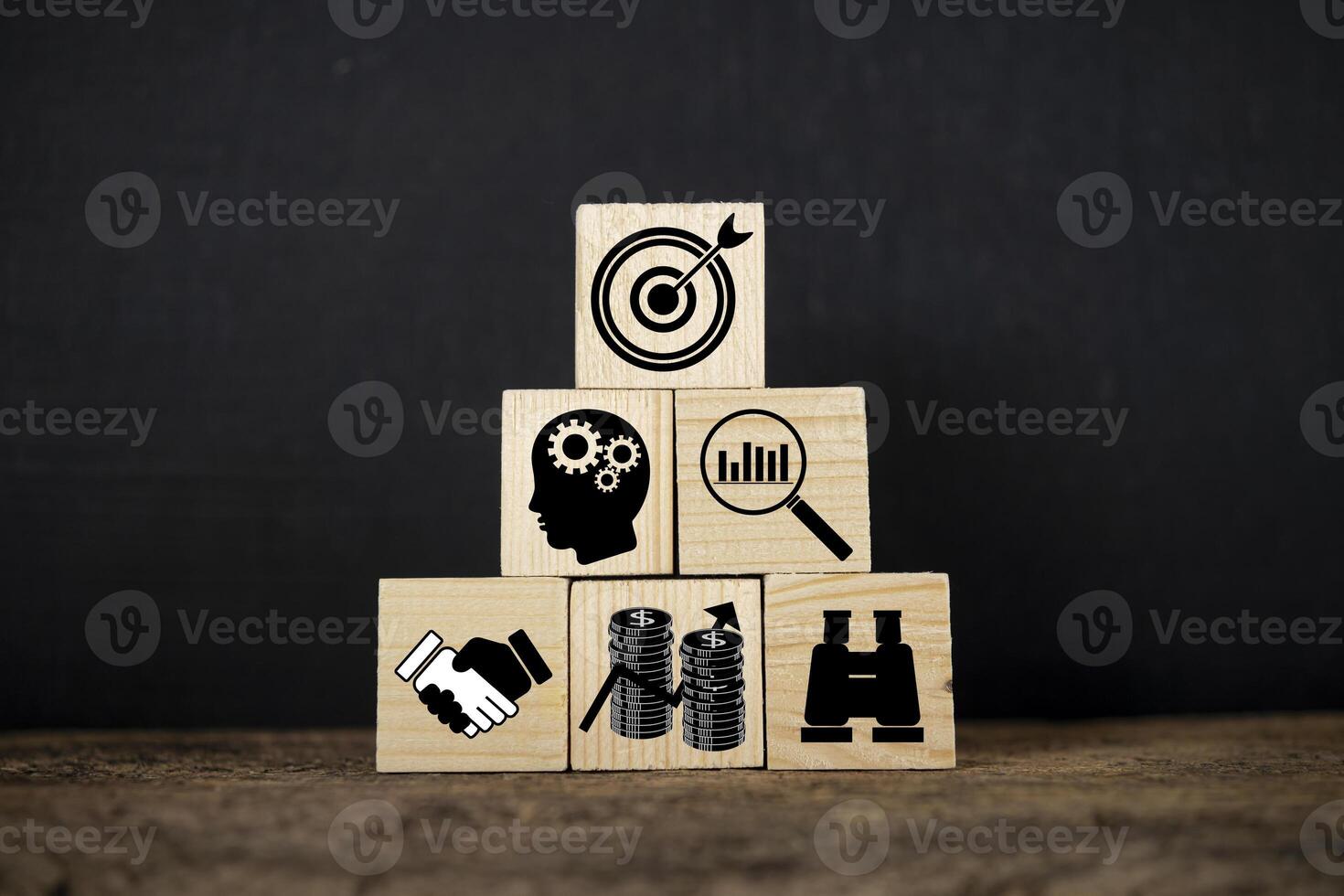 wooden block concept, pyramid top, action plan Top red arrow target success concepts photo