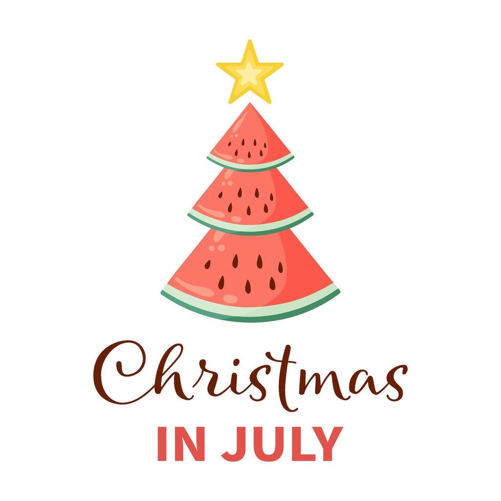 Christmas in July hand lettering quote with watermelon Christmas tree. Flat illustration template for summer holiday sales, typography poster, banner, sticker, shirt design, packaging vector