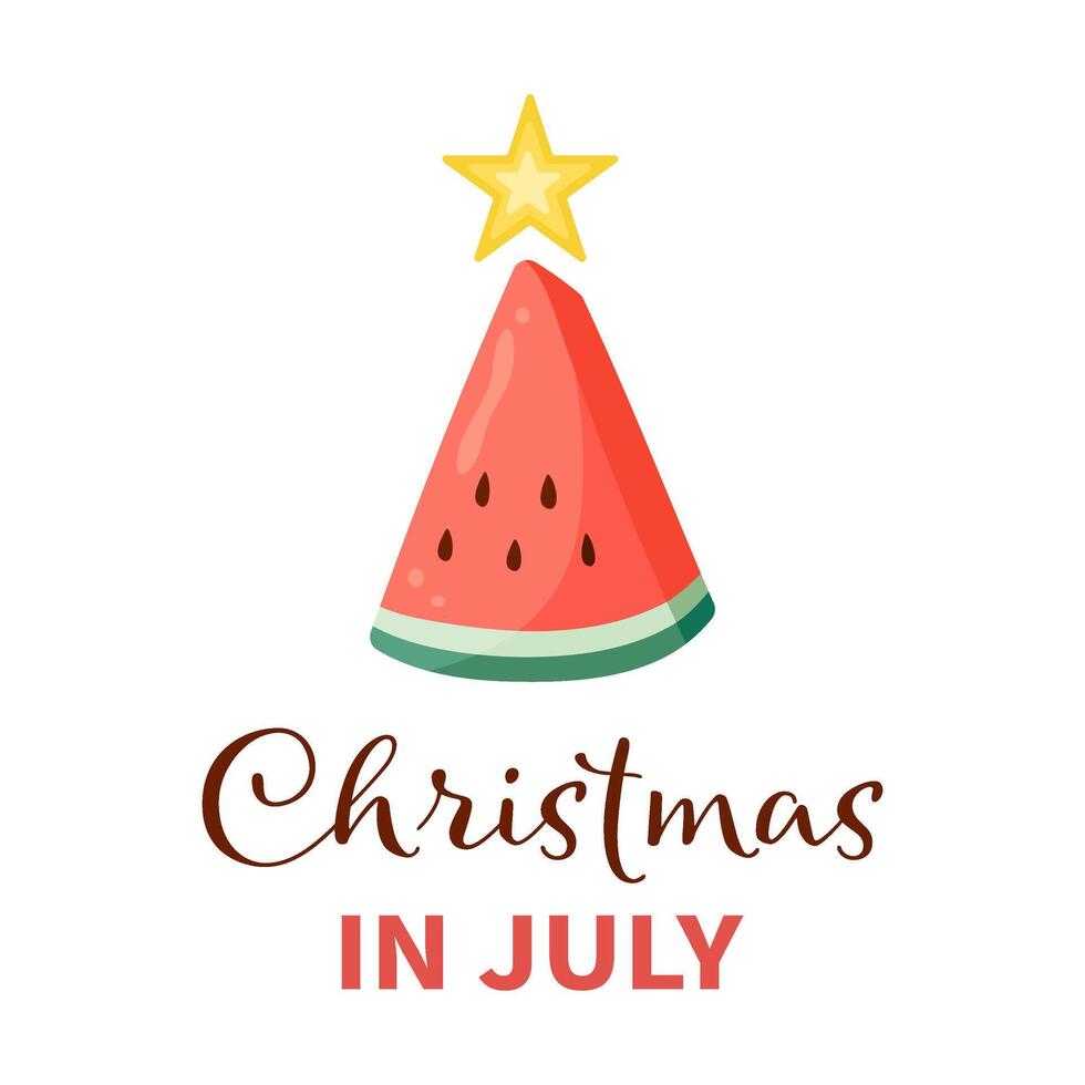 Christmas in July hand lettering quote with watermelon Christmas tree. Flat illustration template for summer holiday sales, typography poster, banner, sticker, shirt design, packaging vector