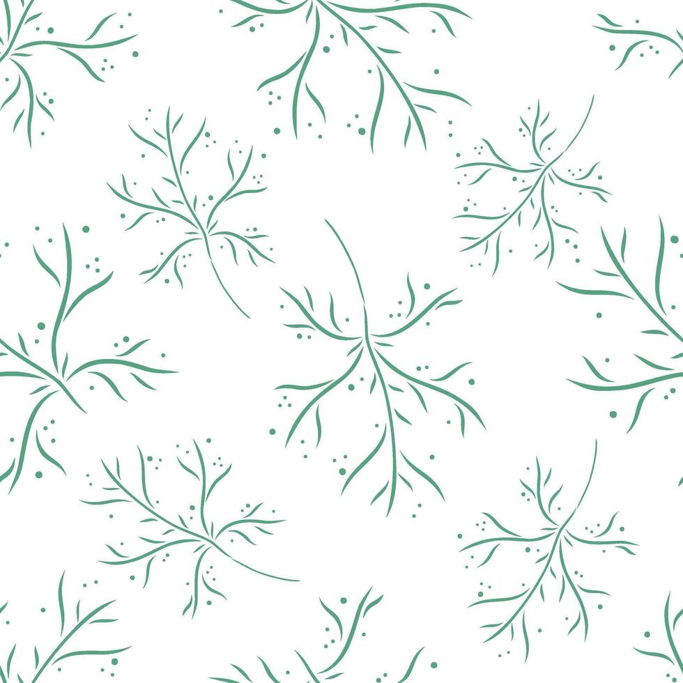 Abstract green branches and leaves seamless pattern. Simple botanical sketch. hand drawn doodle. Floral background for baby fabric, kids textile, packaging, scrapbook, wallpaper. sstkbackground vector