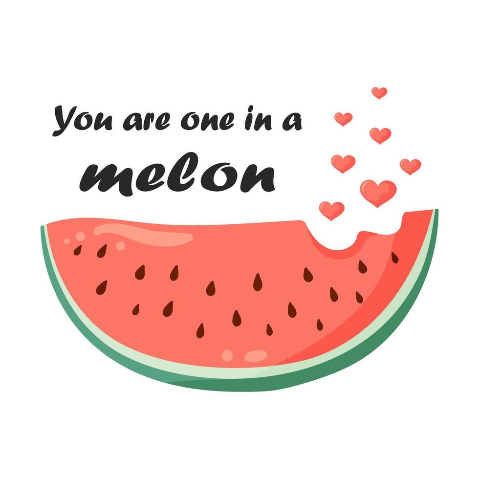 Romantic love print with watermelon slice, small hearts and lettering quote 'You are one in a melon'. Flat illustration for Valentines day card, greeting card, poster, print, t shirt, sticker. vector