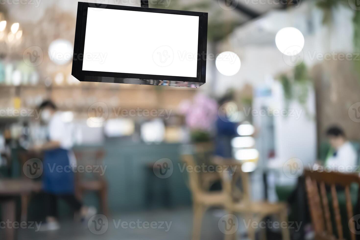 Mock up Poster frame template in Cafe table and seats interior photo