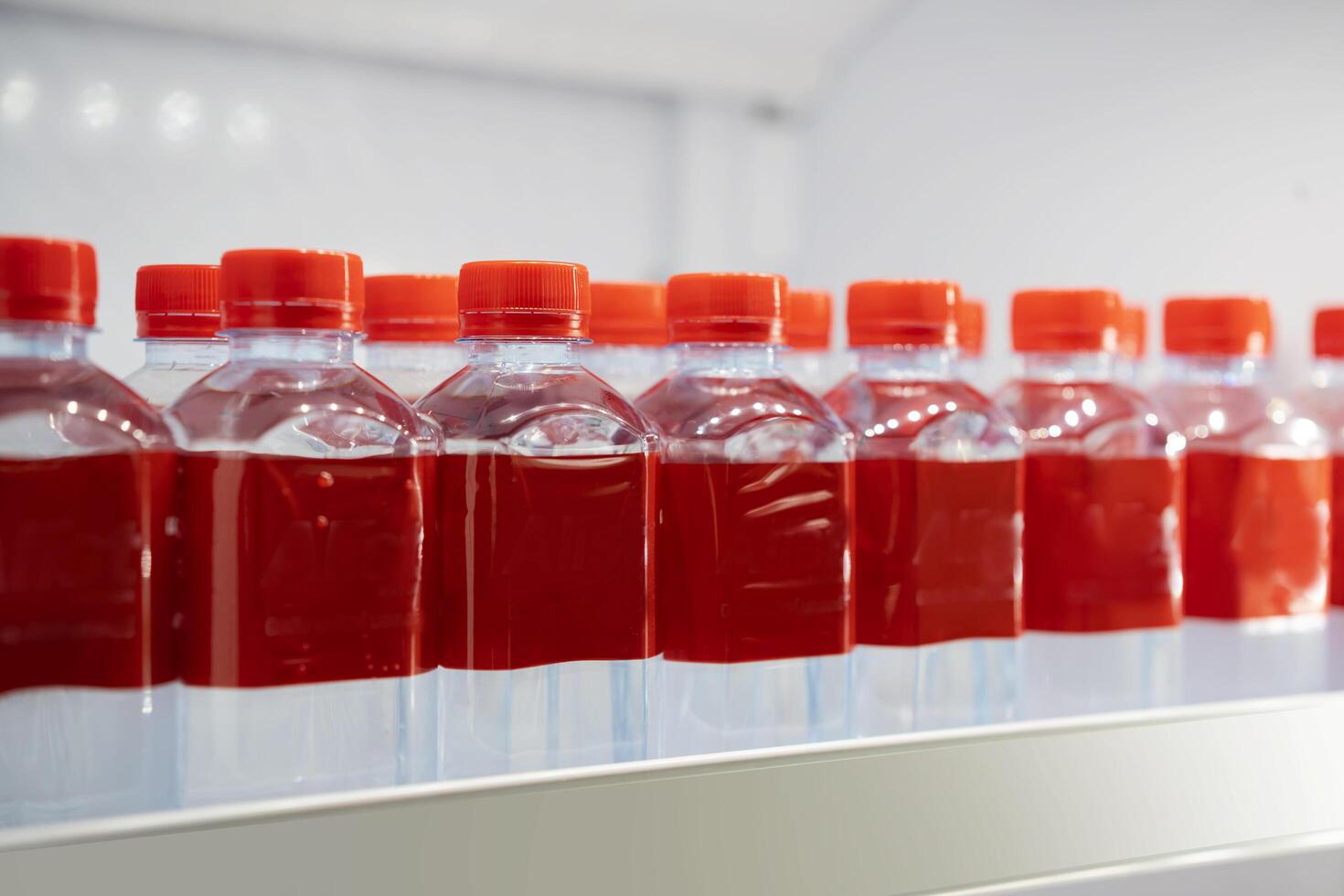 Row of bottles with red beverage on a shelf photo