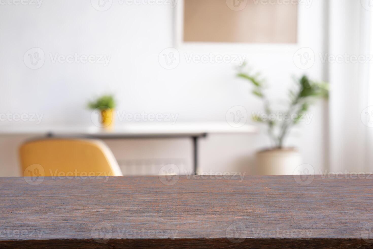 Wooden board empty Table Top And Blur Interior over blur in coffee shop Background photo
