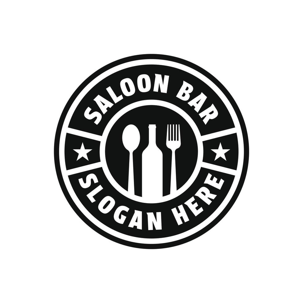 restaurant bar saloon logo design concept idea with spoon, fork, and bottle vintage retro badge label circle stamp vector