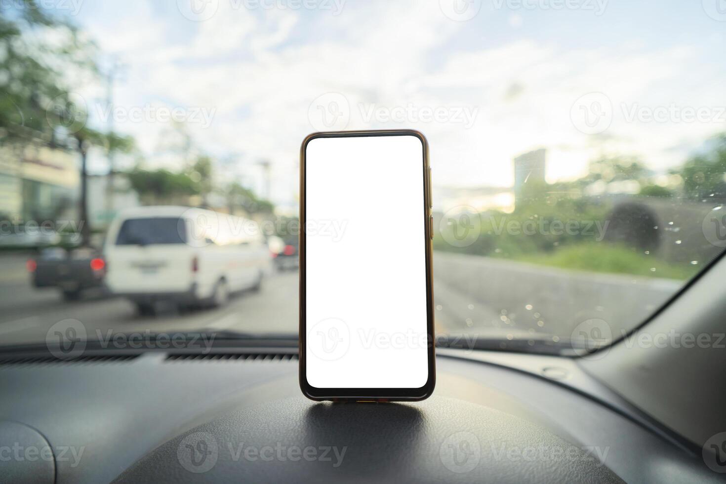 Mobile phone with isolated white screen. Blank empty screen. photo