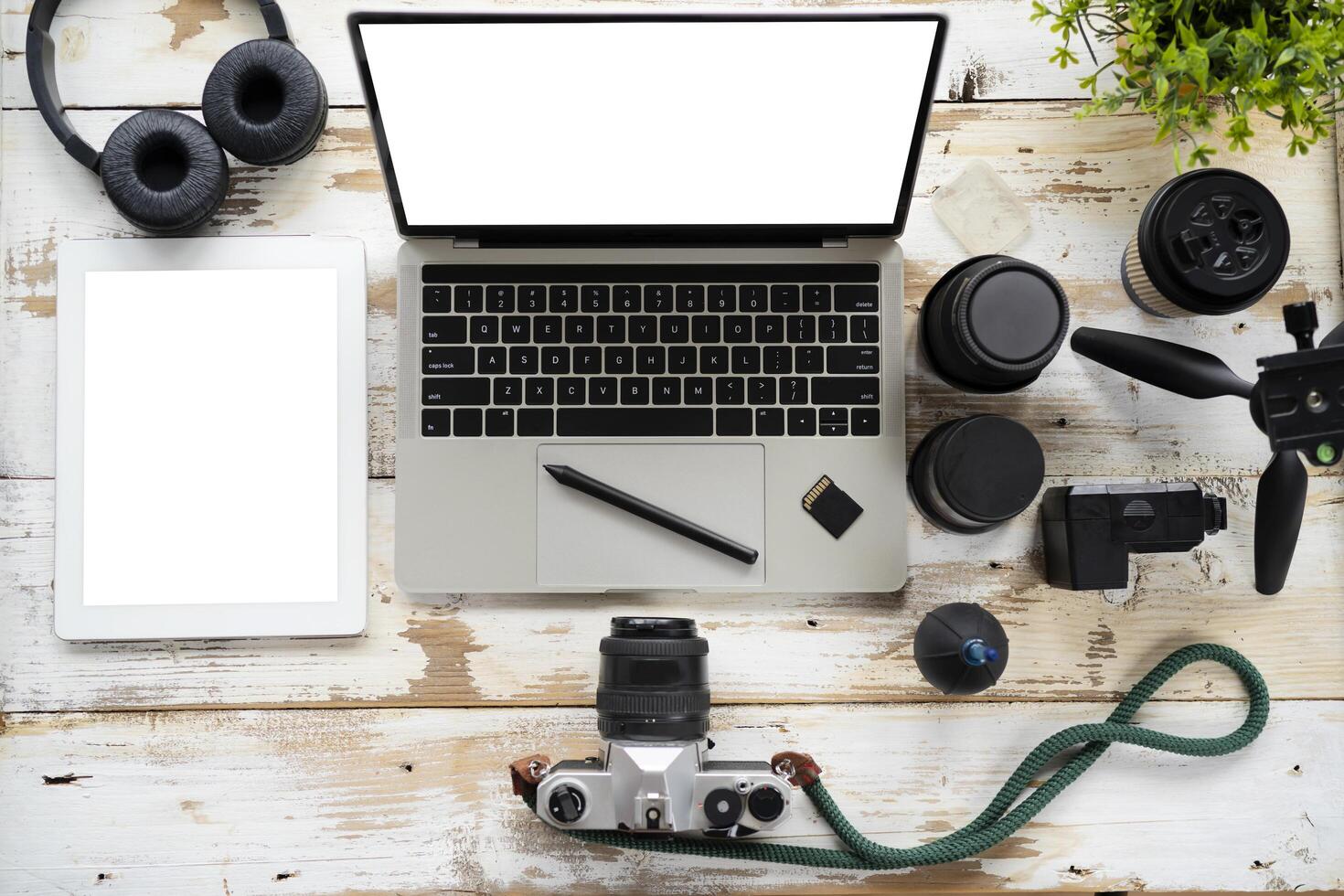 Camera photography design studio editing concept, desktop with photography equipment photo