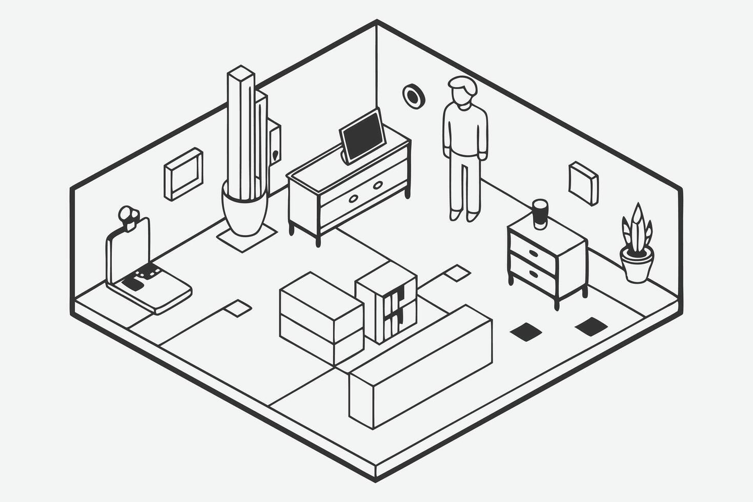 Work Time Isometric Illustrations Line Art, Comprehensive Collection of Dynamic Workplace Scenes vector