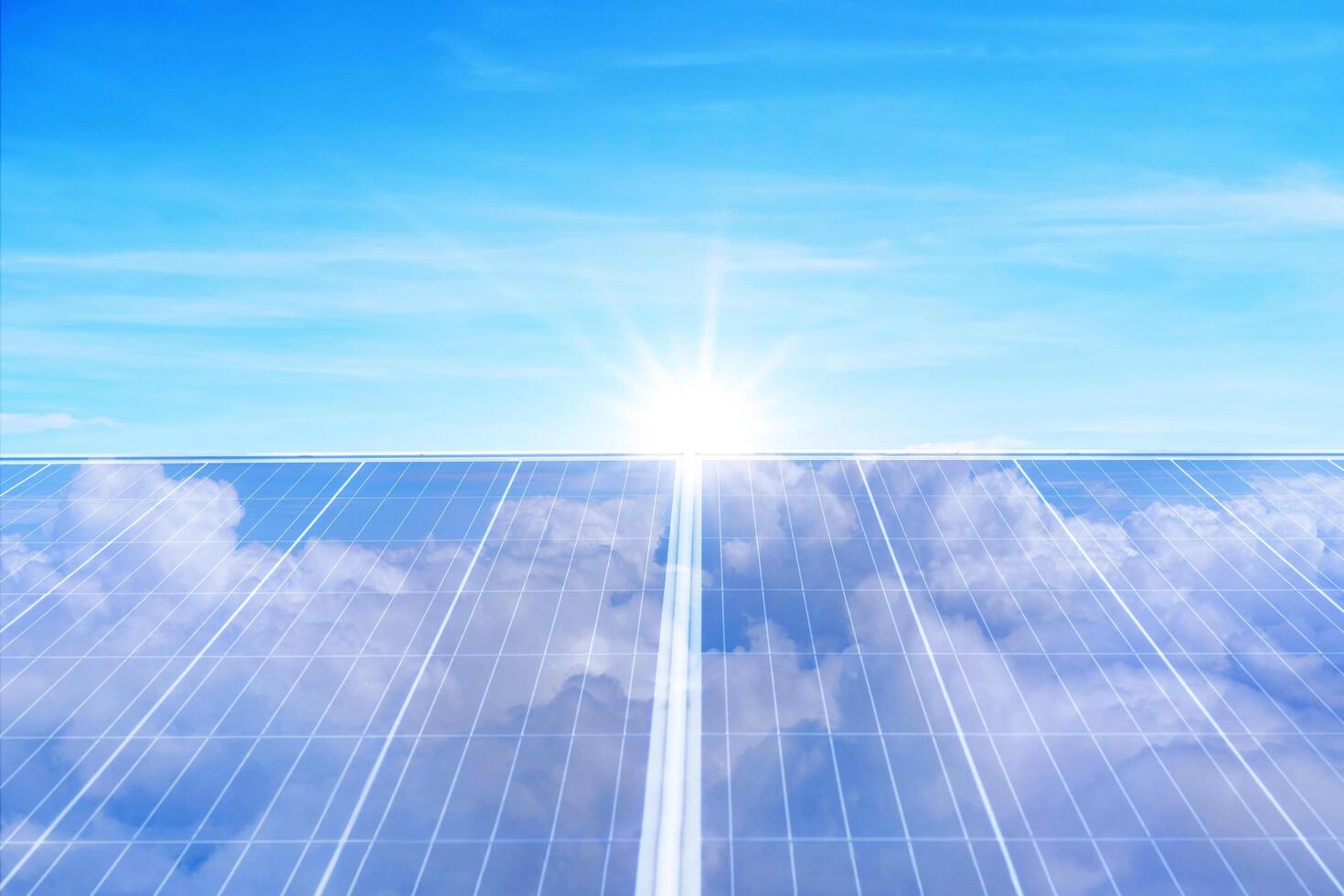 Array Of Solar Panels With Blue Sky And Sunlight Reflection photo