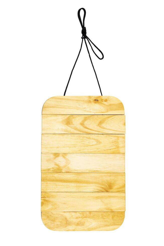 Wooden sign with natural pattern with rope hanging on black photo