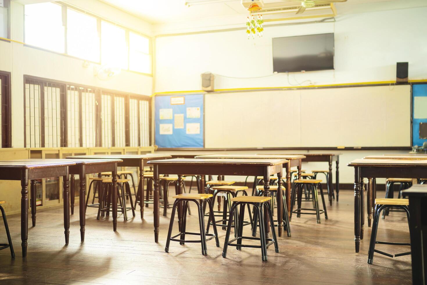 Lecture room or School empty classroom with desks and chair iron wood for studying lessons in high school thailand photo