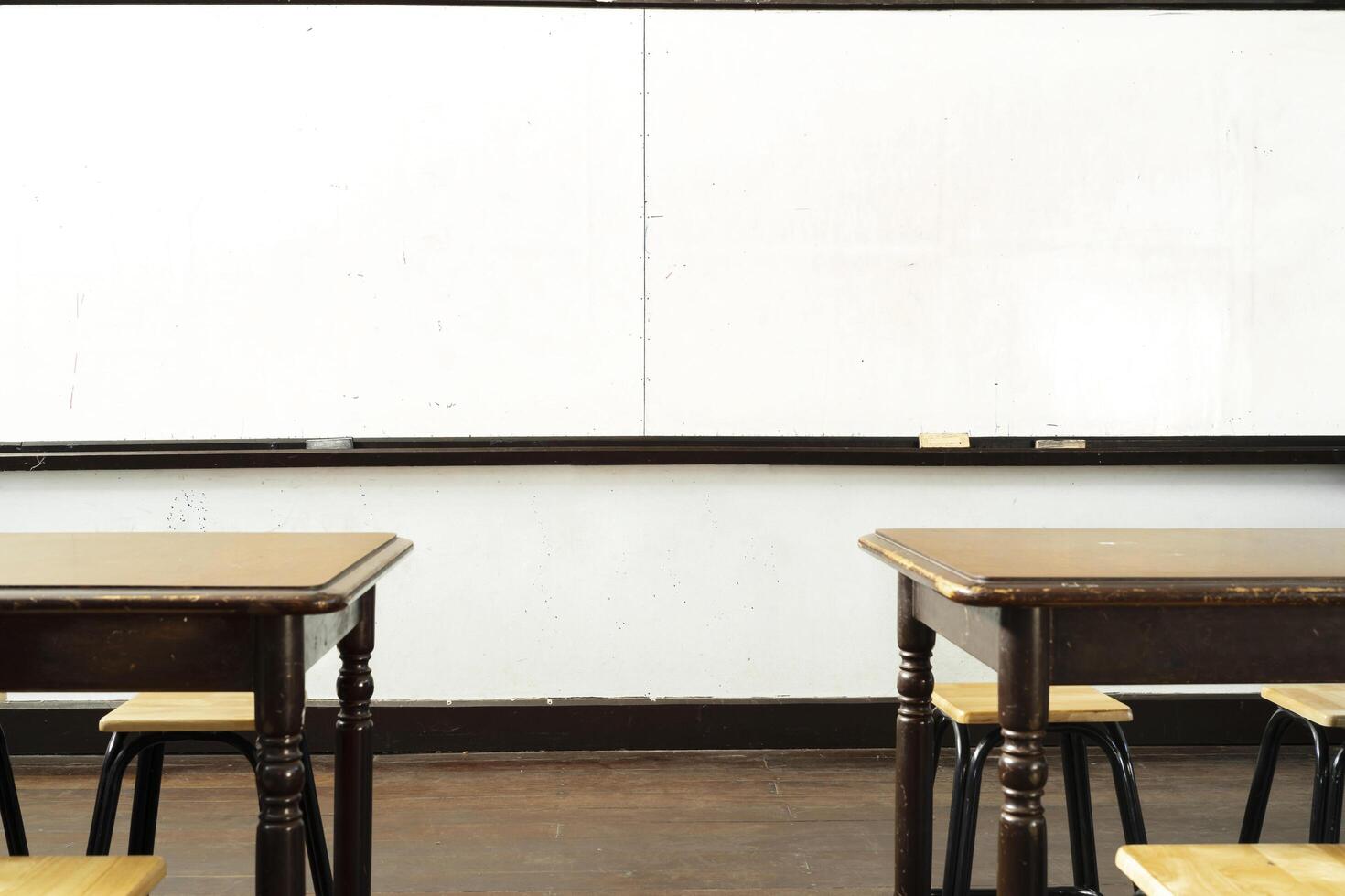 Lecture room or School empty classroom with desks and chair iron wood for studying lessons in high school thailand, interior of secondary education, with whiteboard, vintage tone educational concept photo